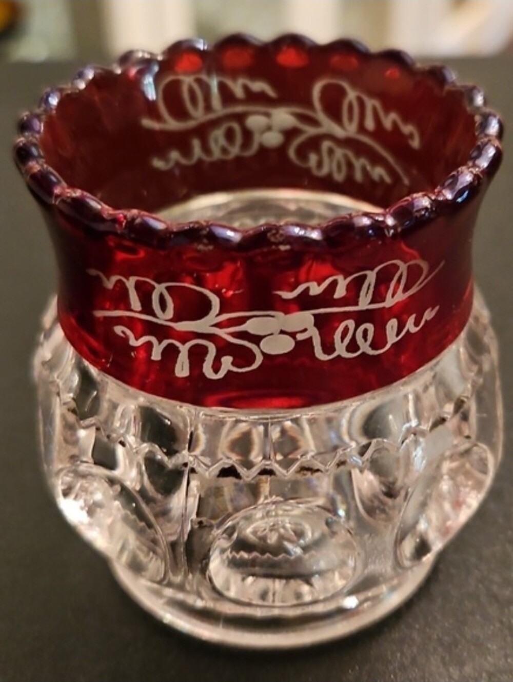 Kings Crown Thumbprint Pattern Toothpick Holder by Adams & Co Ruby/Clear Etched